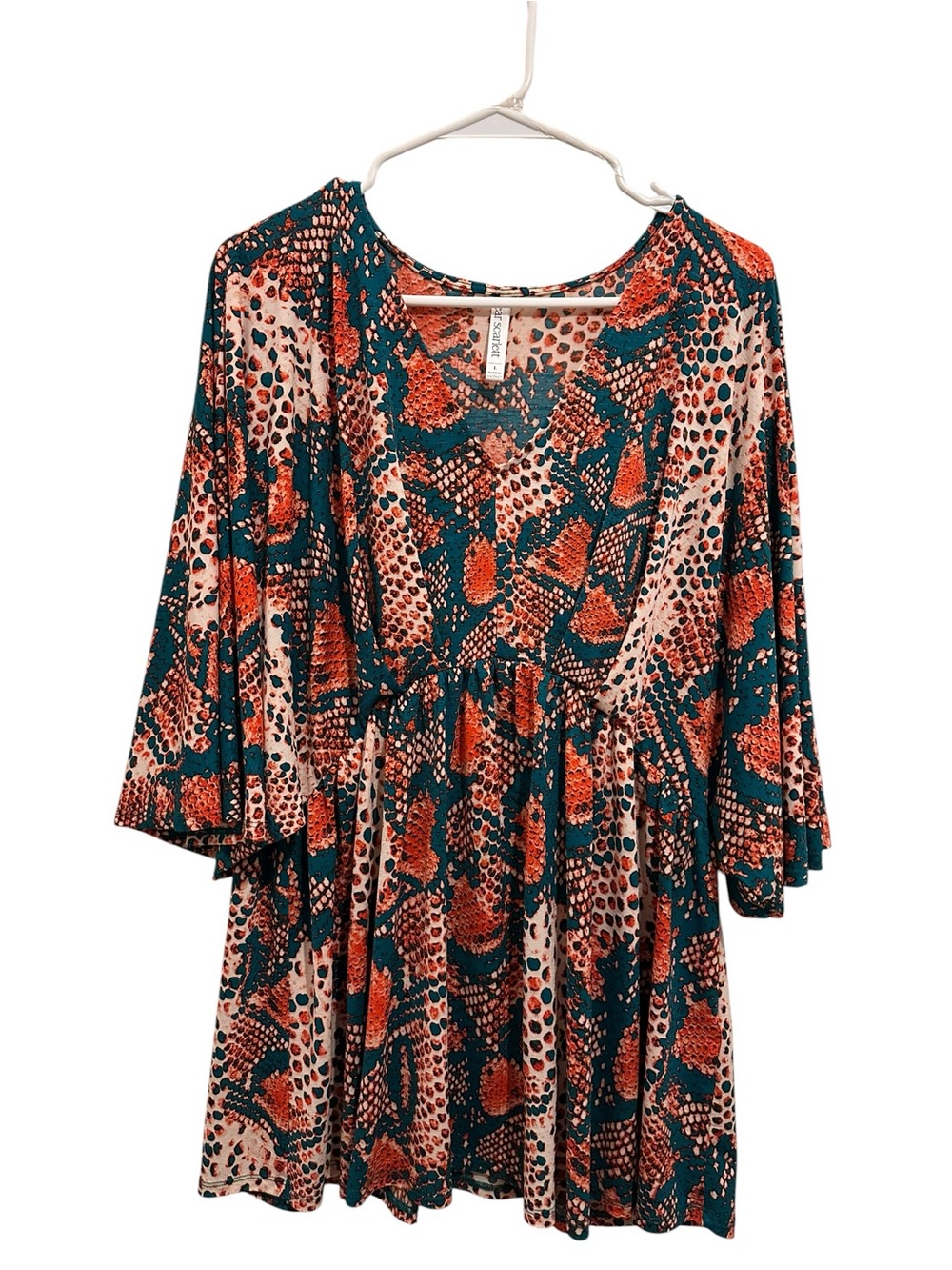 Bell-Sleeve Peplum Tunic in Teal and Rust by